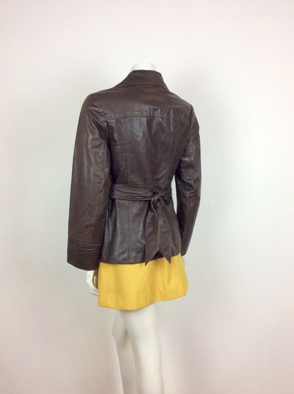 VTG 60s 70s DARK BROWN CHESTNUT LEATHER BELTED JACKET OVERSIZED COLLAR 10 12