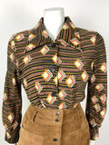 VINTAGE 60s 70s BLACK BROWN CREAM GOLD STRIPED GEOMETRIC DAGGER SHIRT 14