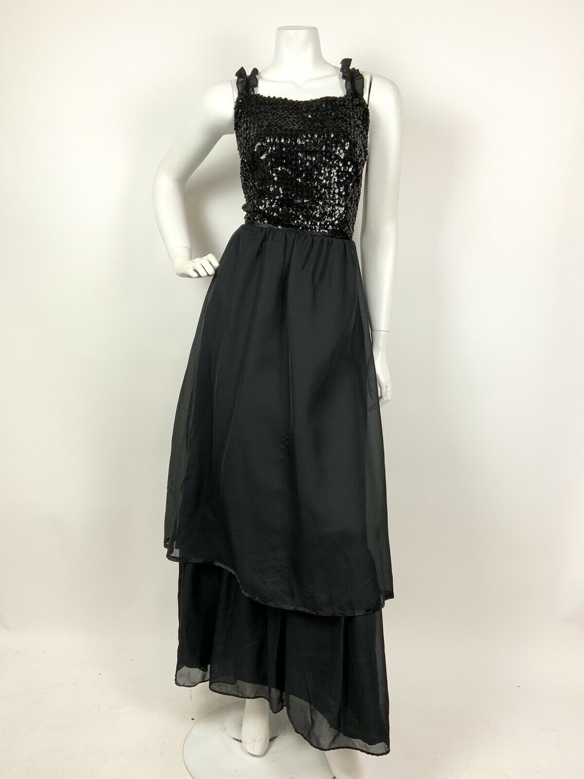 VINTAGE 60s 70s BLACK SEQUIN RUFFLE PARTY STUDIO 54 TIERED SHEER MAXI DRESS 12