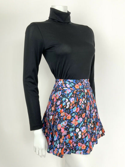 VINTAGE 60s 70s BLACK BLUE PURPLE PINK RED FLORAL KICK PLEAT SHORT SKIRT 6 8