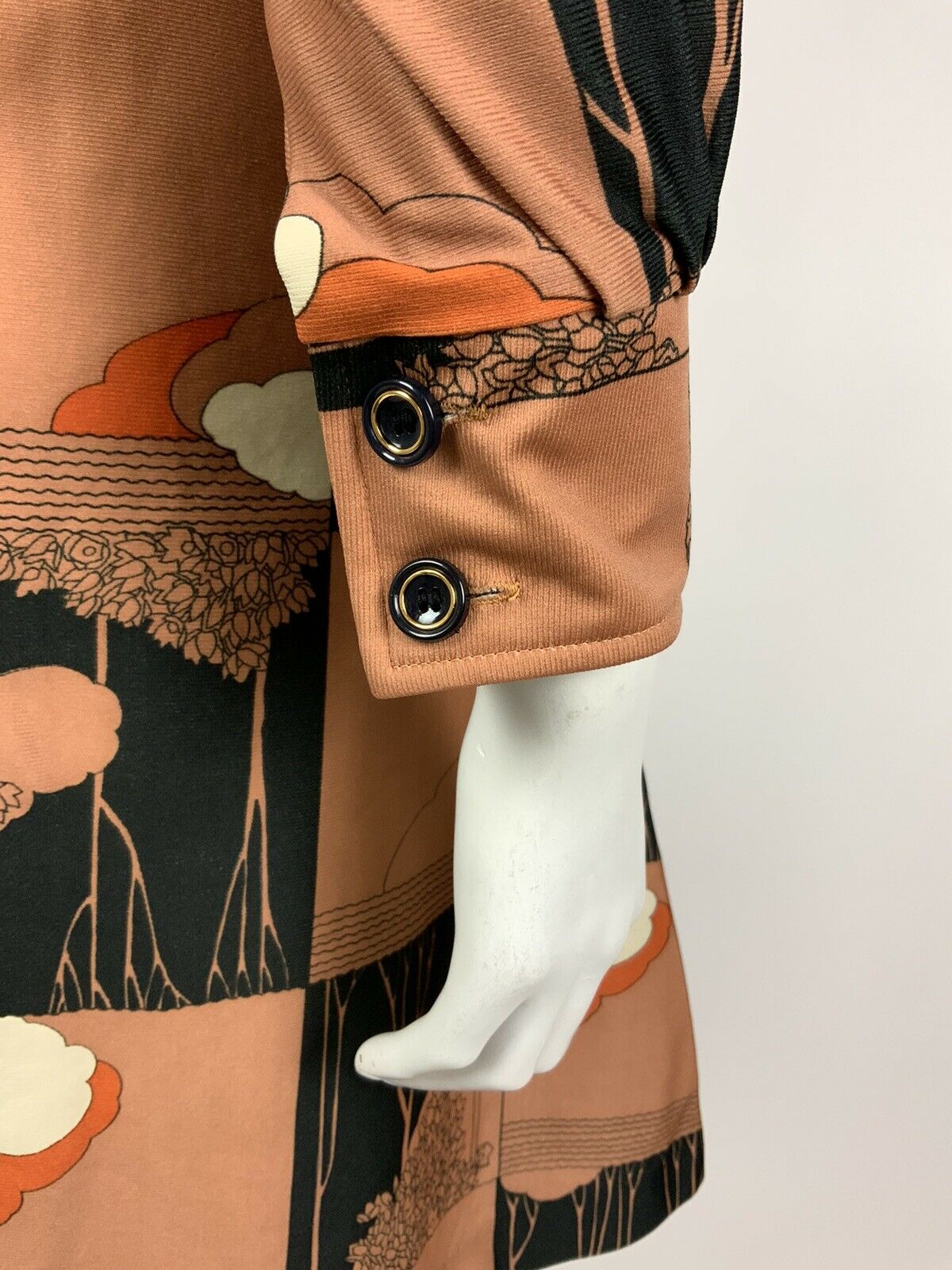 VINTAGE 60s 70s BROWN BLACK WHITE ORANGE TREE LEAF SQUARE DAGGER SHIRT DRESS 14