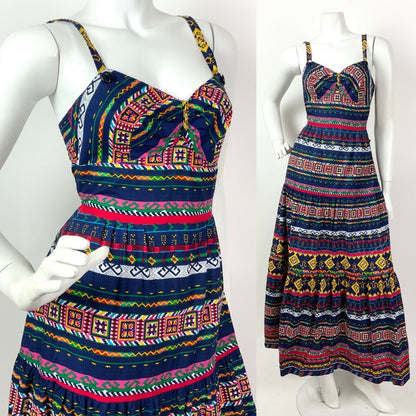 VINTAGE 60s 70s BLUE YELLOW PINK GREEN AZTEC GEOMETRIC STRAPPY MAXI DRESS 6