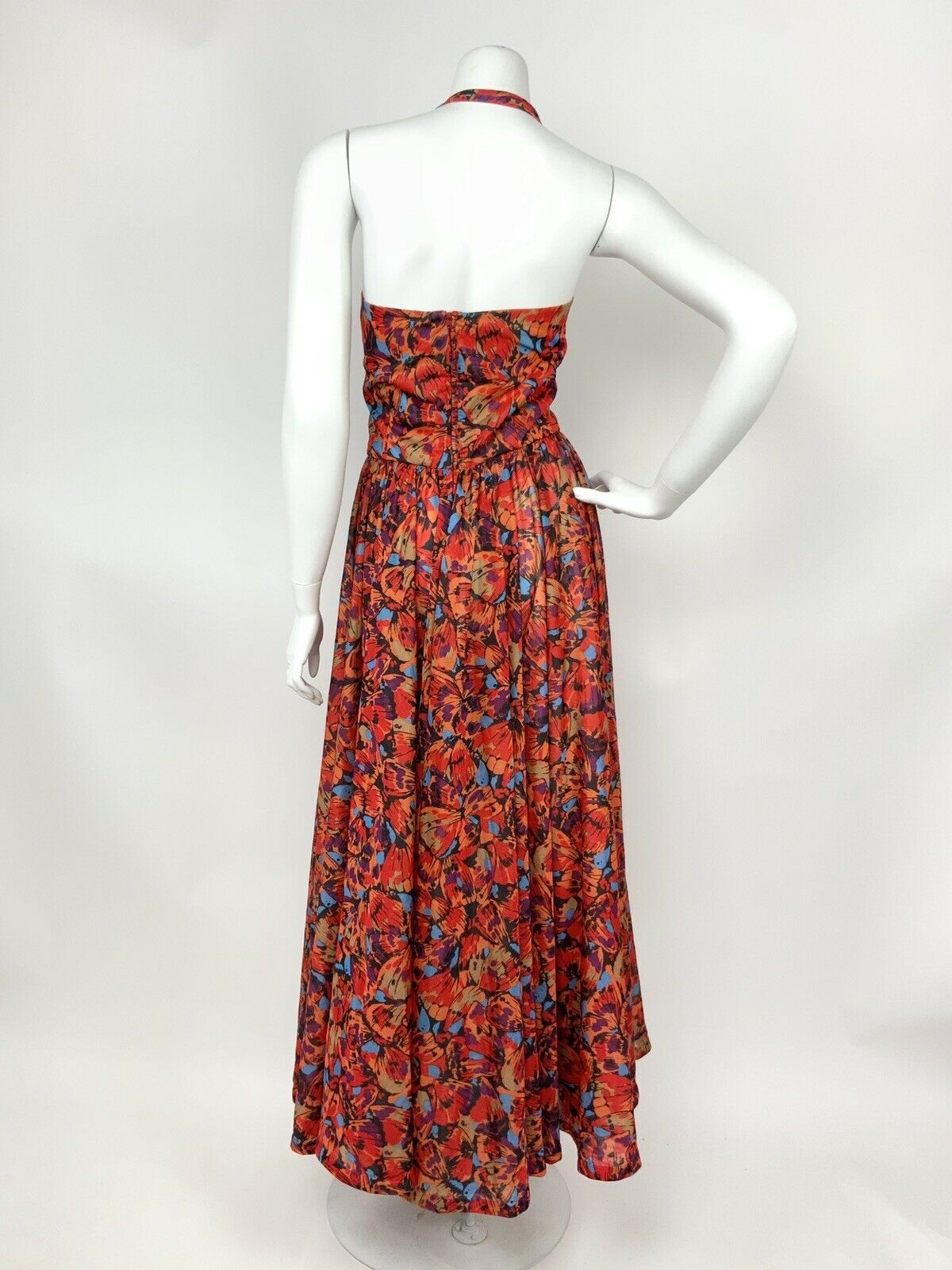 VTG 60s 70s RED ORANGE BLUE BLACK ABSTRACT BUTTERFLY HALTER MAXI DRESS 8 10