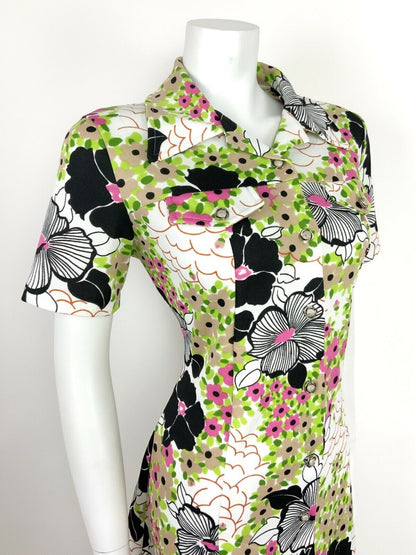 VTG 60s 70s BLACK WHITE PINK GREEN BEIGE PSYCHEDELIC FLORAL DITSY SHIRT DRESS 16