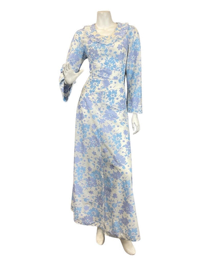 VINTAGE 60s 70s BLUE LILAC WHITE FLORAL RUFFLED MOD LONGSLEEVE MAXI DRESS 8 10