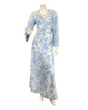 VINTAGE 60s 70s BLUE LILAC WHITE FLORAL RUFFLED MOD LONGSLEEVE MAXI DRESS 8 10