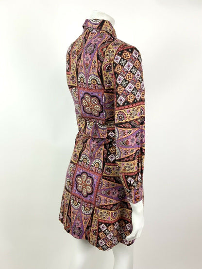 VTG 60s 70s PURPLE BLACK RED BEIGE FLORAL PSYCHEDELIC DAGGER SHIRT DRESS 8 10