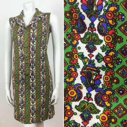 60S VINTAGE PSYCHEDELIC GREEN YELLOW WHITE FLORAL PAISLEY MINI DRESS 16