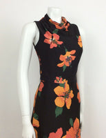 STUNNING VTG 60S 70S BLACK ORANGE RED PSYCHEDLIC FLOWER MAXI DRESS 10