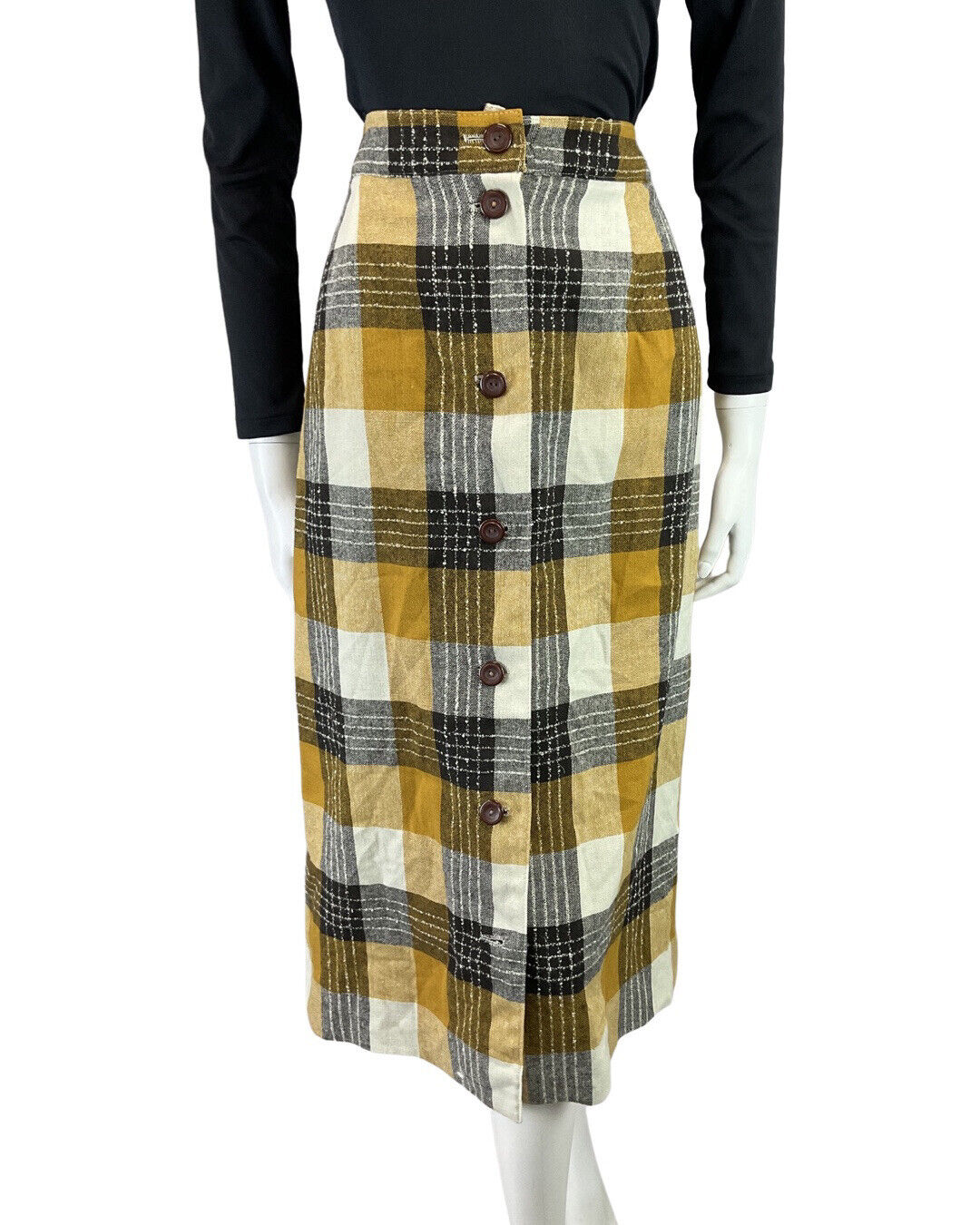 VINTAGE 60s 70s YELLOW BLACK WHITE CHECKED MOD WOOL KNEE-LENGTH SKIRT 12 14