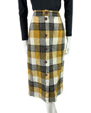 VINTAGE 60s 70s YELLOW BLACK WHITE CHECKED MOD WOOL KNEE-LENGTH SKIRT 12 14