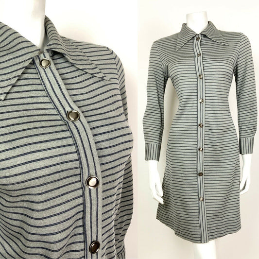 VINTAGE 60s 70s GREY BLUE STRIPED DAGGER COLLAR MOD SHIFT SCOOTER DRESS 8 10