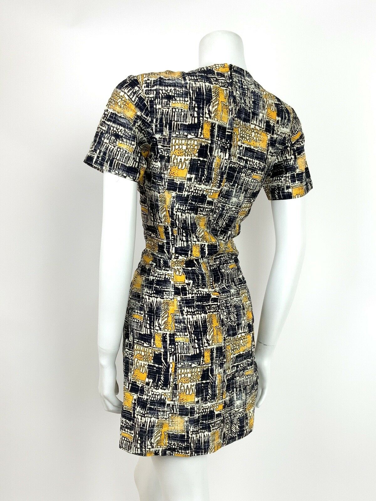 VINTAGE 60s 70s NAVY BLUE YELLOW WHITE GEOMETRIC ABSTRACT SUMMER SHIFT DRESS 8