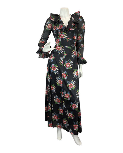 VINTAGE 60s 70s BLACK RED BLUE FLORAL BOUQUET RUFFLE BOHO MOD MAXI DRESS 10