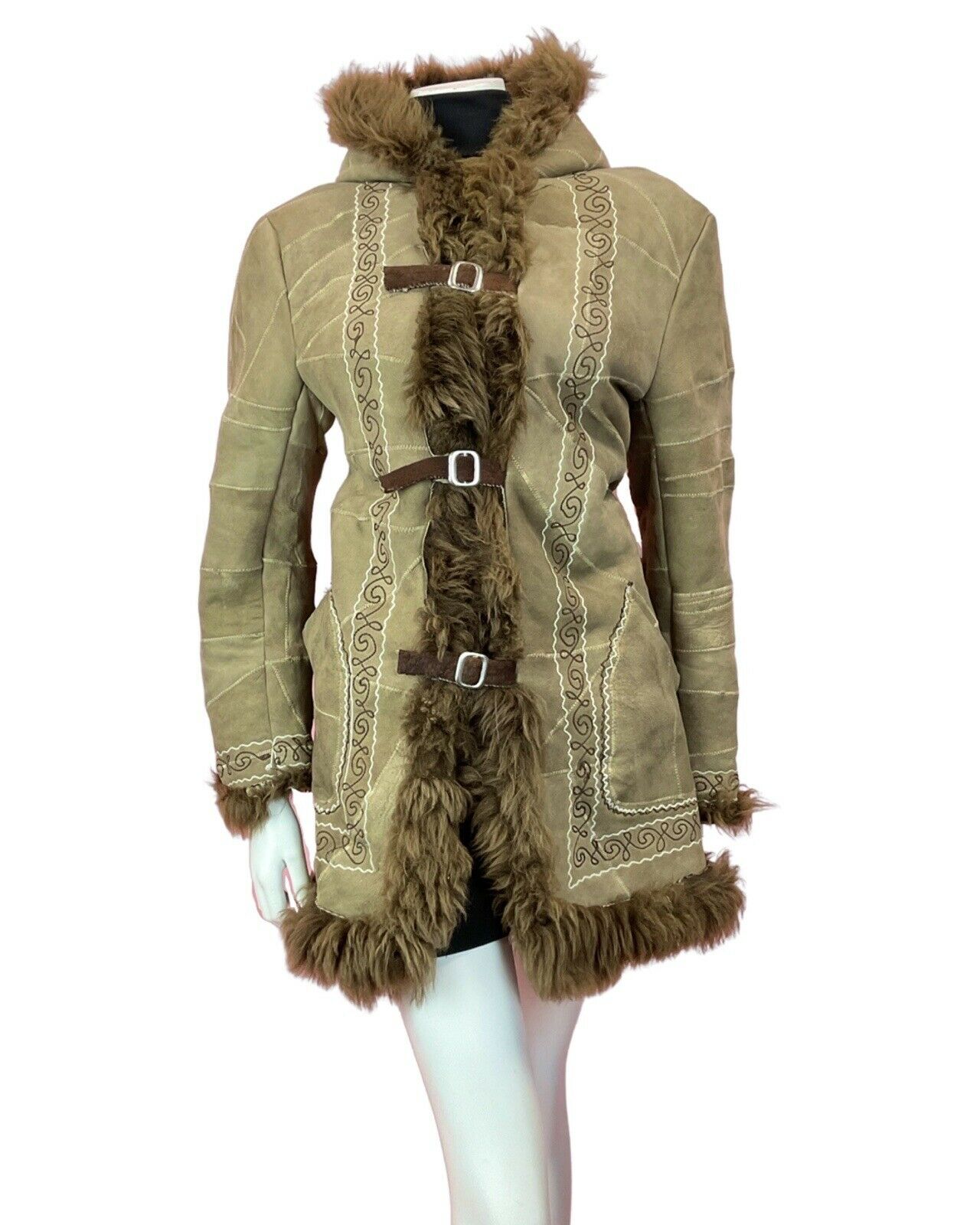 VINTAGE 60s 70s BROWN WHITE EMBROIDERED PATCHWORK HOODED BOHO SHEARLING COAT 14