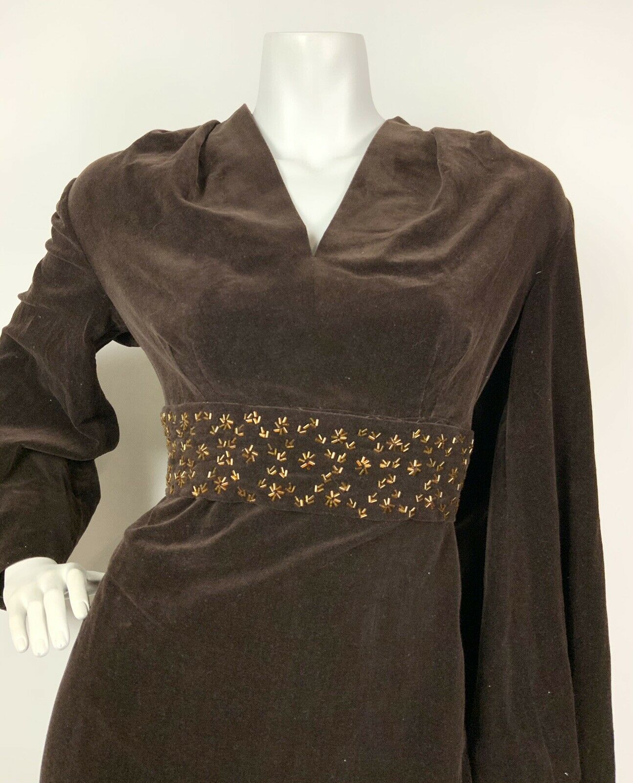 VTG 60s 70s BROWN BRONZE STAR BEADED BELL SLEEVE FOLK BOHO VELVET MAXI DRESS 12