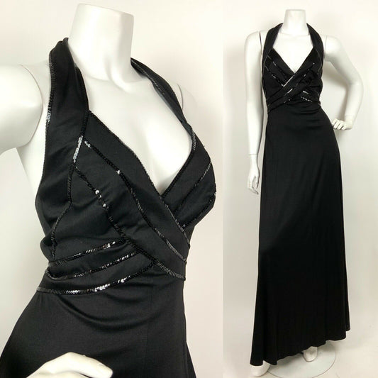 VINTAGE 60s 70s BLACK SEQUIN DISCO STUDIO 54 GLAM HALTER MAXI DRESS 10 12