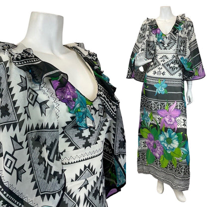 VTG 60s 70s WHITE BLACK PURPLE BLUE GEOMETRIC AZTEC FLORAL CAPED MAXI DRESS 10