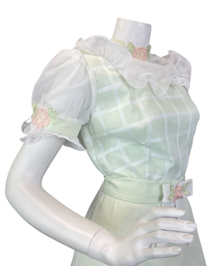 VINTAGE 60s 70s PISTACHIO GREEN WHITE RUFFLED ROSE SHEER PRAIRIE MAXI DRESS 8