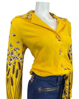 VINTAGE 60s 70s YELLOW BROWN FLOWER WHEAT MOD BLOUSE TOP 14