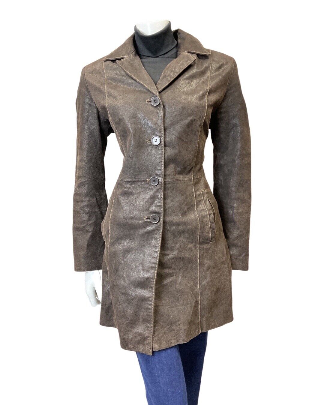 VINTAGE 60s 70s DARK BROWN MID-LENGTH TRENCH LONG LEATHER COAT 14