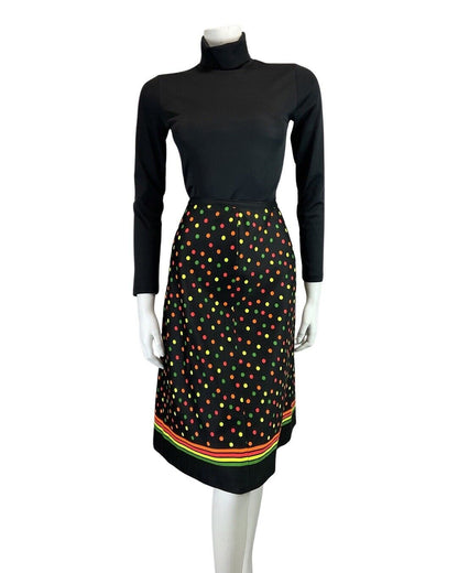 VINTAGE 60s 70s BLACK NEON GREEN ORANGE DOTTY SPOTTED MOD MIDI SKIRT 8