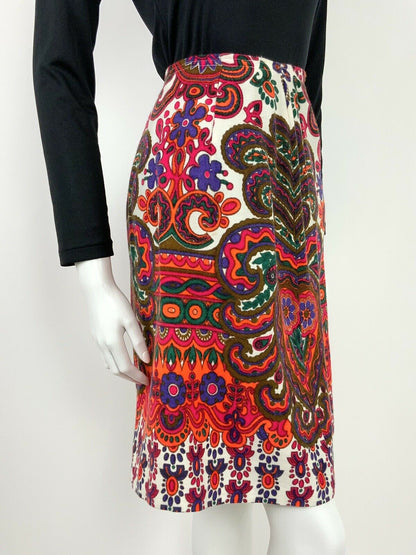 VTG 60s 70s WHITE NEON ORANGE GREEN PINK RED PSYCHEDELIC PAISLEY FLORAL SKIRT 8