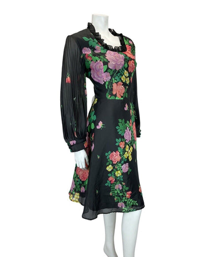 VINTAGE 60s 70s BLACK GREEN LILAC FLORAL PLEATED LONGSLEEVE SWING DRESS 14 16