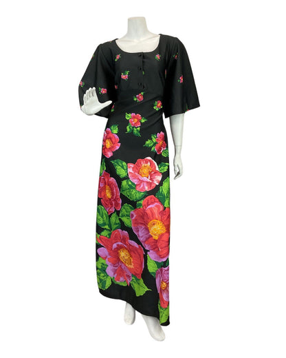 VINTAGE 60s 70s BLACK PINK GREEN FLORAL GARDEN MOD BOHO MAXI DRESS 16