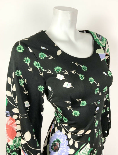 VINTAGE 60s 70s BLACK GREEN PURPLE PINK FLORAL PUFF SLEEVE DRESS 12 14