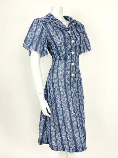 VTG 60s 70s BLUE WHITE STRIPED FLORAL DITSY SHIRT WAIST DAISY MOD DRESS 14