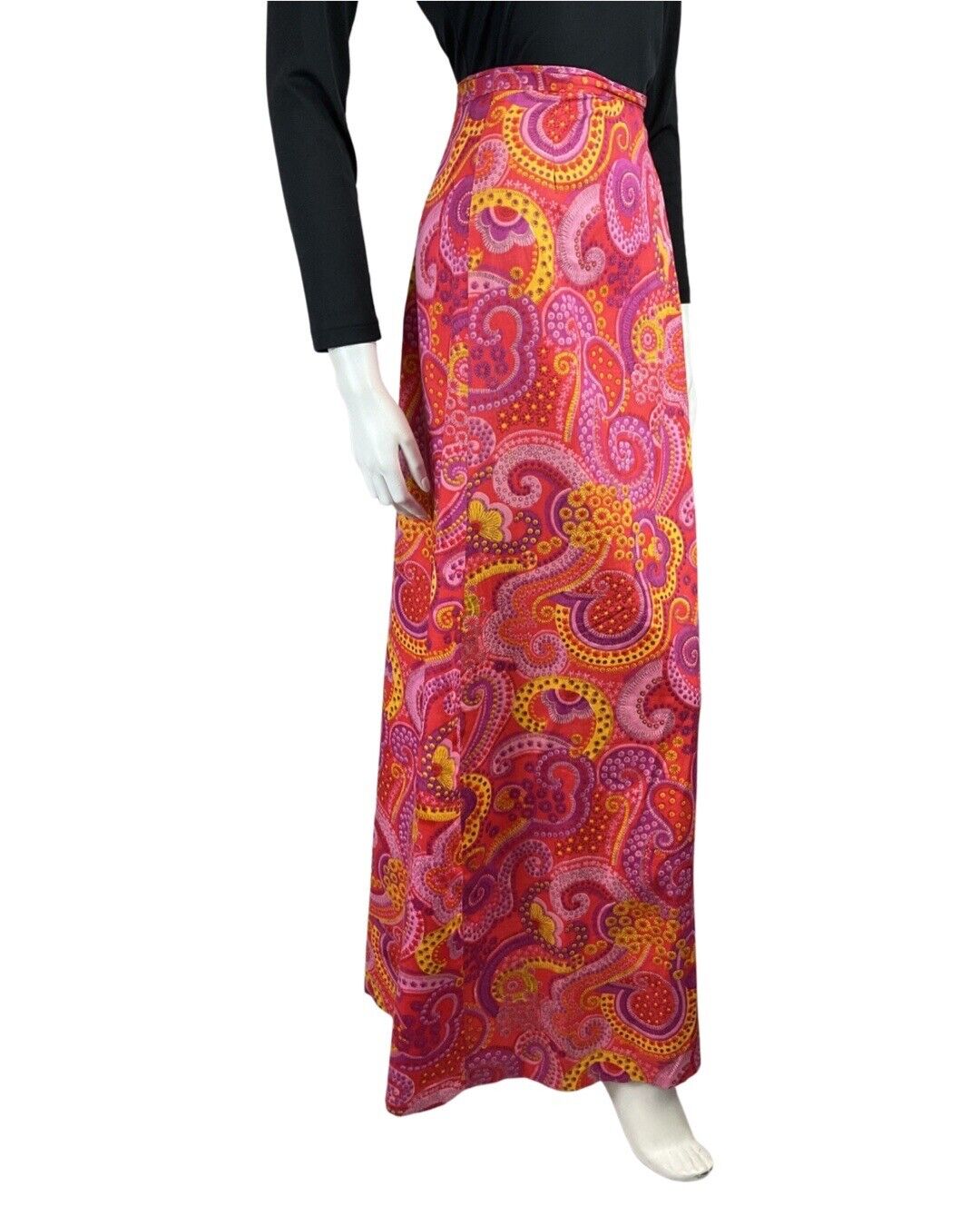 VINTAGE 60s 70s PINK YELLOW PSYCHEDELIC DAISY PAISLEY DOTTY MAXI SKIRT 8