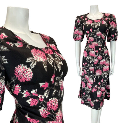 VINTAGE 60s 70s BLACK PINK GREY FLORAL HYDRANGEA MOD KNEE-LENGTH DRESS 12 14