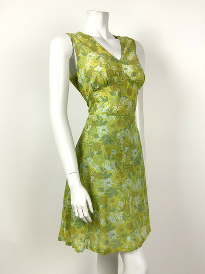 VTG 60s 70s GREEN WHITE YELLOW FLORAL DAISY BOTANICAL PSYCHEDELIC DRESS 12 14