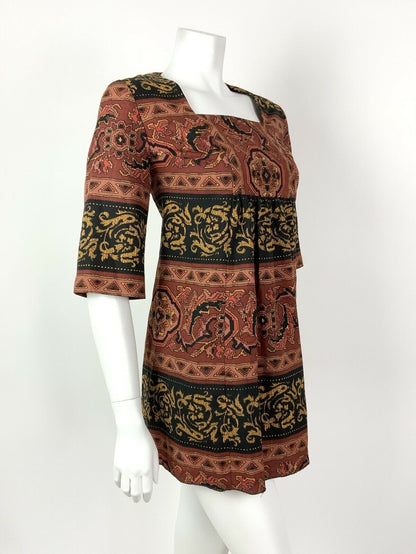 VTG 60s 70s BROWN BLACK GOLD AZTEC EMPIRE TENT TRAPEZE MICRO MINI DRESS 10 12