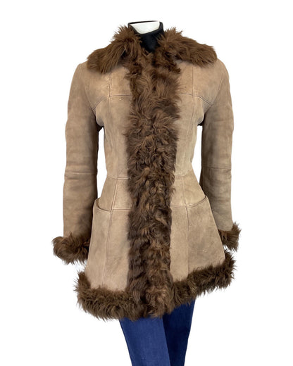 VINTAGE 60s 70s PEANUT BROWN SUEDE DAGGER COLLAR PENNY BOHO SHEARLING COAT 10 12