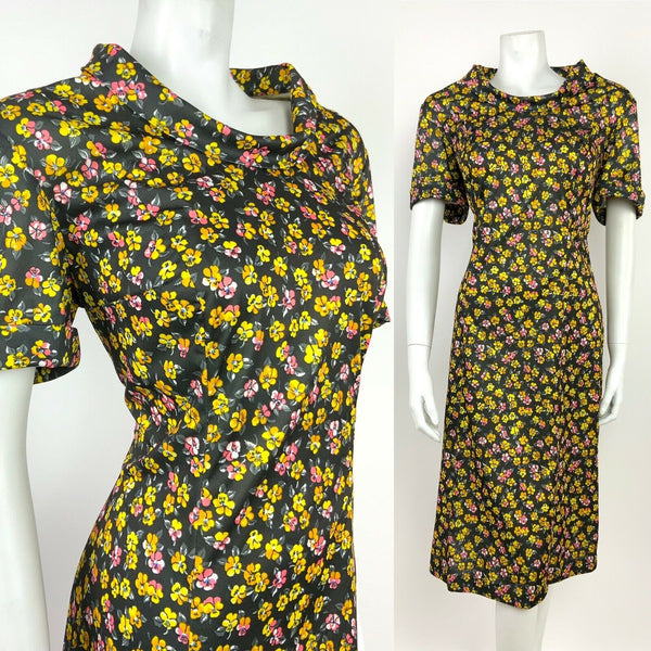 VINTAGE 60s 70s GREY YELLOW PINK WHITE FLORAL DITSY TURTLENECK SHIFT DRESS 14 16