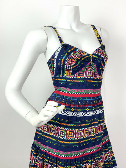 VINTAGE 60s 70s BLUE YELLOW PINK GREEN AZTEC GEOMETRIC STRAPPY MAXI DRESS 6