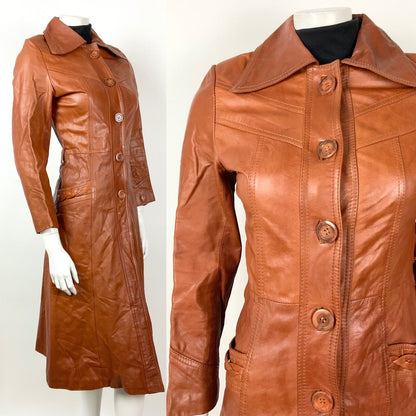 VTG 60s 70s TAN ORANGE BROWN DAGGER COLLAR MOD LONG LEATHER COAT 6 8