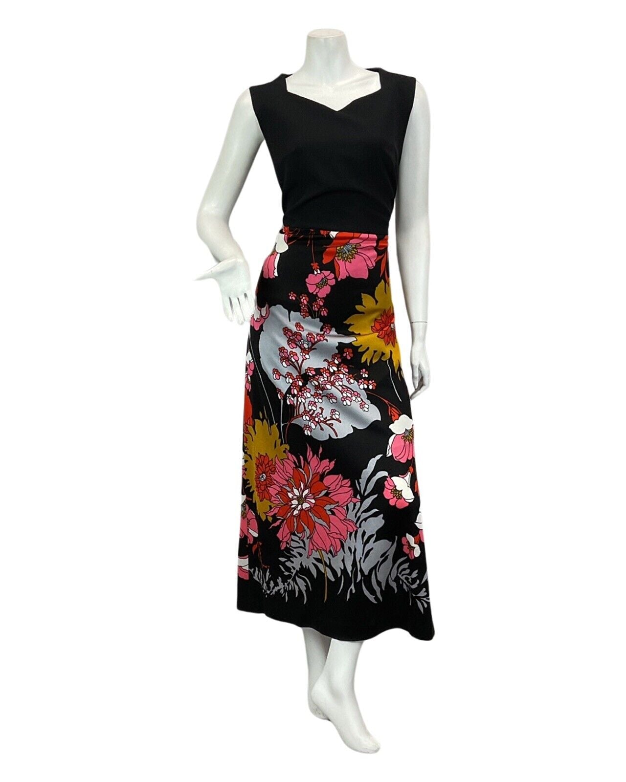 VINTAGE 60s 70s BLACK PINK RED YELLOW PSYCHEDELIC FLORAL MAXI DRESS 14