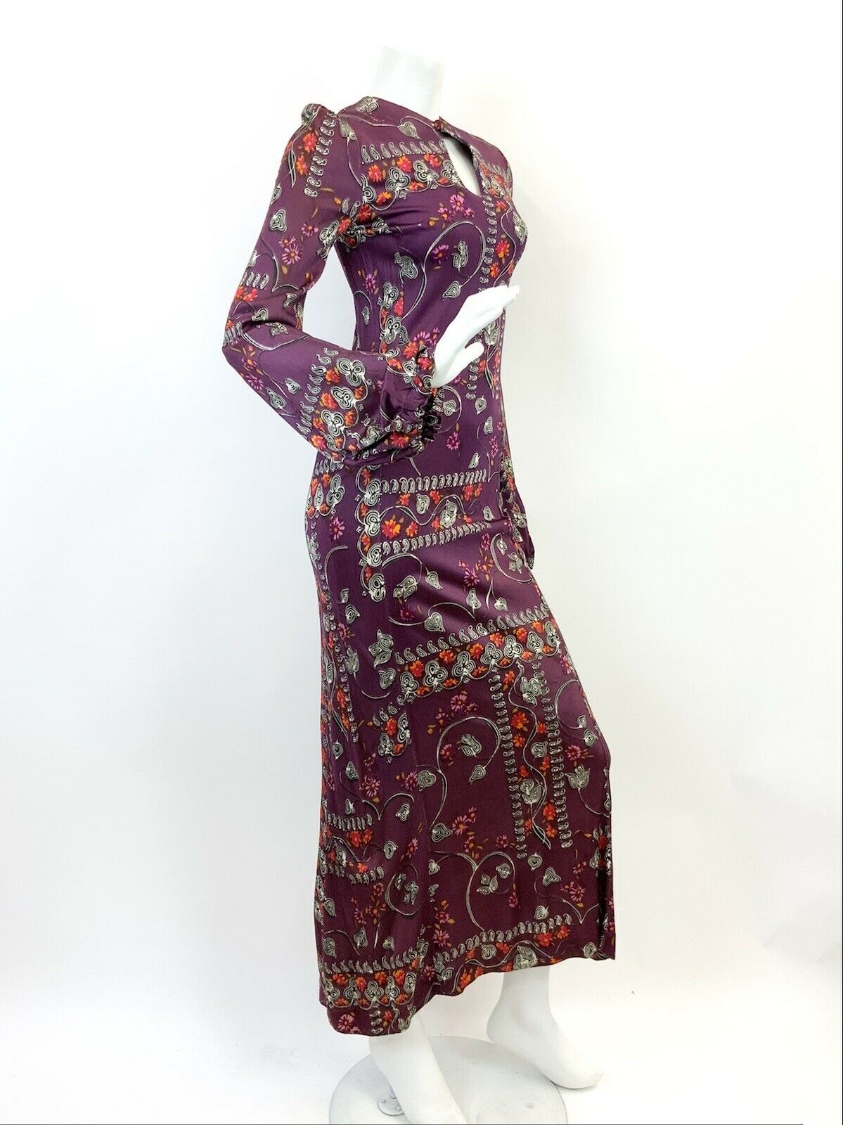 VTG 60s 70s PURPLE WHITE ORANGE FLORAL PAISLEY VINE MOD BOHO FOLK MAXI DRESS 6 8