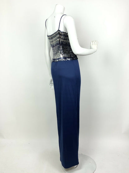 VINTAGE 60s 70s NAVY BLUE SILVER PURPLE SEQUINNED STRAPPY DISCO MAXI DRESS 12 14