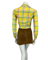 VTG 60s 70s YELLOW RED BLUE CHECKED WESTERN DAGGAR COLLAR CROPPED SHIRT 10 12