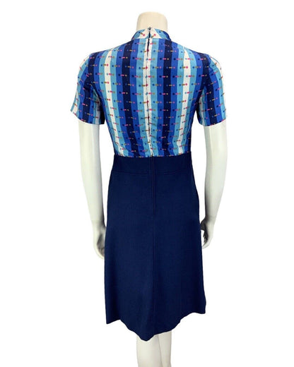 VINTAGE 60s 70s NAVY BLUE HIGH NECK LIGHT BLUE WHITE PATTERNED PINK MIDI DRESS 6