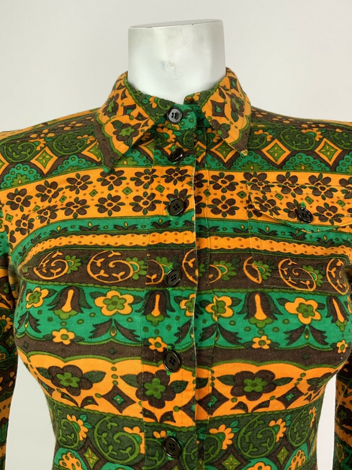 VINTAGE 60s 70s YELLOW GREEN BROWN FLORAL STRIPED PSYCHEDELIC DAGGER SHIRT 8