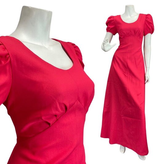 VINTAGE 60s 70s HOT PINK PUFF SLEEVES MOD MAXI DRESS 8