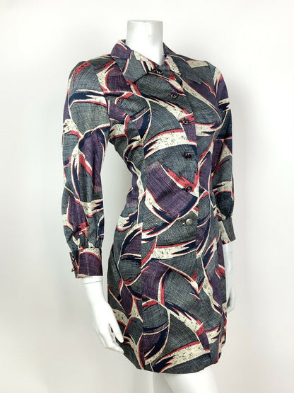 VINTAGE 60s 70s BLUE WHITE RED PINK ABSTRACT PSYCHEDELIC DAGGER SHIRT DRESS 12