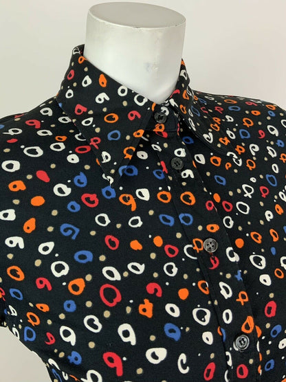 VINTAGE 60s 70s BLACK WHITE ORANGE RED BLUE GEOMETRIC DAGGER COLLAR SHIRT 8 10