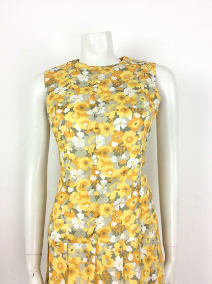 VINTAGE 60s 70s SUMMER FLORAL DITSY DRESS YELLOW ORANGE WHITE SILVER GLITTERY 10