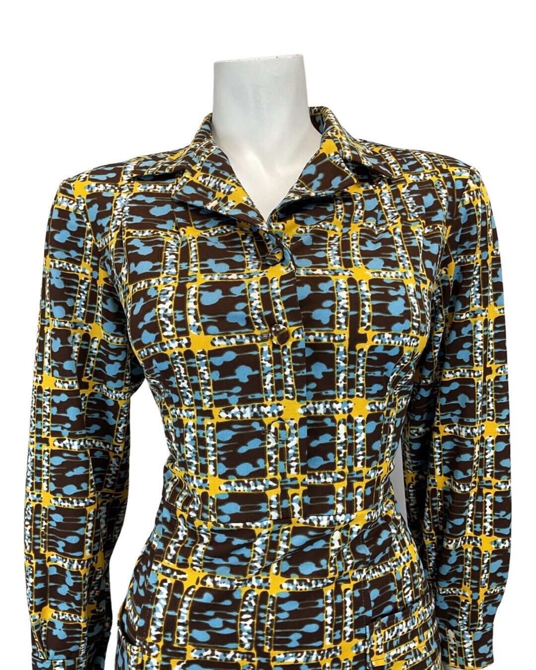 VINTAGE 60s 70s BROWN BLUE YELLOW GEOMETRIC CHECKED MOD SHIRT DRESS 14 16